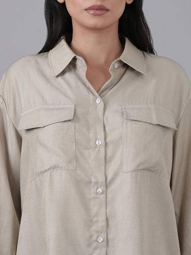 Femmora Women’s  Cargo Shirt in Soft Bsy Satin-Viscose Blend | Regular Fit Full Sleeve Shirt with Flap Pockets & Rounded Hem | Stylish Casual & Office Wear | Moca Brown |Pack of 1 Hover