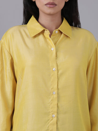 Femmora Women’s  Shirt in Soft Bsy Satin-Viscose | Regular Fit Full Sleeve Button-Up Shirt with Rounded Hem | Casual & Office Wear | Yellow |Pack of 1 Hover