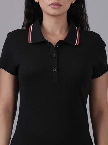 Femmora Women’s Short Cotton T-Shirt Dress | Slim Fit Bodycon Polo Collar Dress, Half-Button Placket, Short Sleeves,  Comfortable Smart-Casual Wear | Black |Pack of 1 Hover