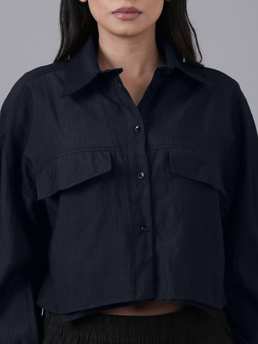 Femmora Women’s Solid Crop Shirt in Soft Viscose-Polyester Blend | Full Sleeve with 2 Flap Pocket Shirt with Turn-Down Collar | Stylish Casual & Office Wear | Navy|Pack of 1 Hover