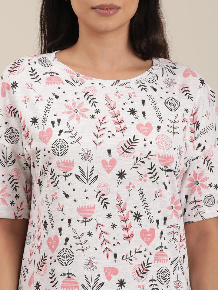 Femmora Women’s Floral Printed Cotton Short Nighty | Half Sleeve Lounge Dress with Round Neck in Subtle Gray | Soft 100% Cotton Sleepwear | Pack of 1