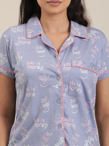 Femmora Women’s Cotton Nightwear Set | 2-Piece Co-Ord with Notched Collar Short Sleeve Shirt & Full-Length Pyjama | Soft Breathable Fabric with Elastic Waist|Blue Print |Set of 1 Hover