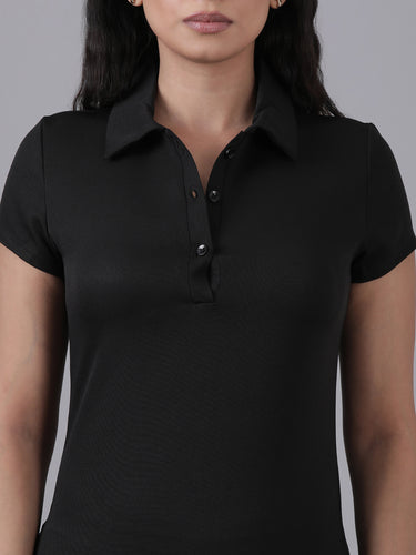 Femmora Women’s Short Bodycon T-Shirt Dress – Slim Fit Polo Collar Dress in Stretch Polyester-Spandex, Half-Button Placket, Short Sleeves, Smart and Casual Wear | Black |Pack of 1 Hover