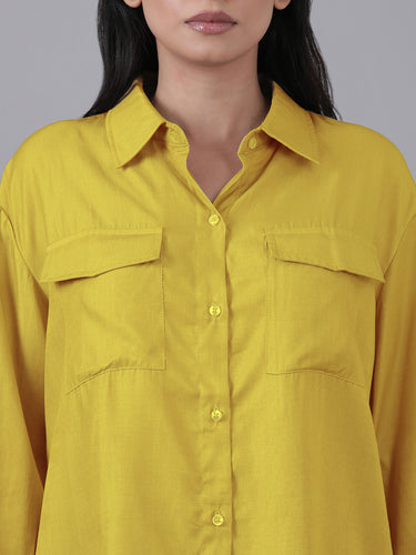 Femmora Women’s  Cargo Shirt in Soft Bsy Satin-Viscose Blend | Regular Fit Full Sleeve Shirt with Flap Pockets & Rounded Hem | Stylish Casual & Office Wear | Yellow |Pack of 1 Hover
