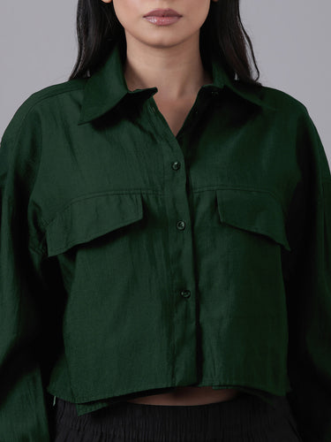 Femmora Women’s Solid Crop Shirt in Soft Viscose-Polyester Blend | Full Sleeve with 2 Flap Pocket Shirt with Turn-Down Collar | Stylish Casual & Office Wear | Olive |Pack of 1 Hover