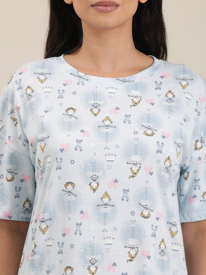Femmora Women’s Abstract Printed Cotton Short Nighty | Half Sleeve Lounge Dress with Round Neck in Blue | Soft Cotton Mix Sleepwear | Pack of 1