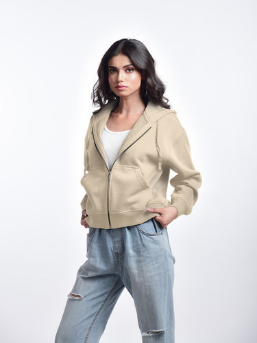 Femmora Premium 100% Cotton Fleece Long Sleeve Oversized Zipped Hoodie for Women | Loose Fit| Knitted fabric | Kangaroo Pocket and Dropped Shoulder – Beige(Pack of 1) Hover