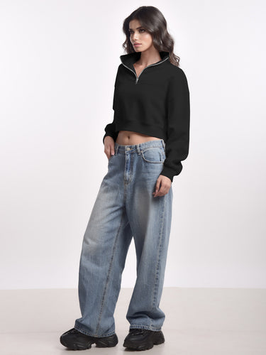 Femmora Premium 100% Cotton Fleece Long Sleeve Solid Henley Crop Length Sweatshirt for Women | Knitted Pullover | Loose Fit | Front Zip | Dropped Shoulder – Casual Winter Wear – Black(Pack of 1) Hover