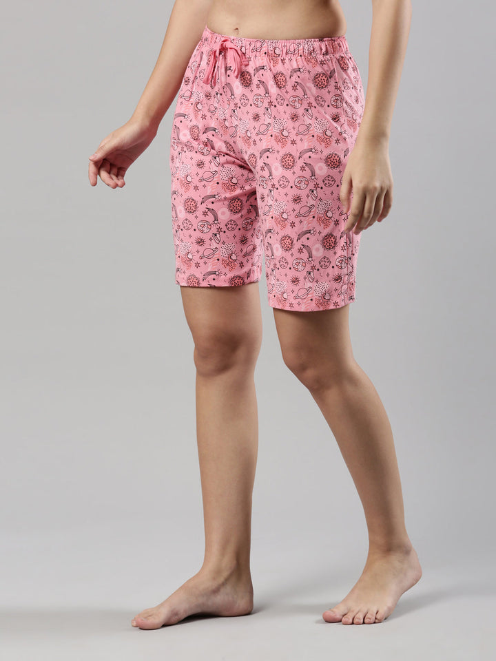 Women's Relax Fit Bermuda | Breathable Cotton, Drawstring Waistband, Geometric Prints Pink Blush