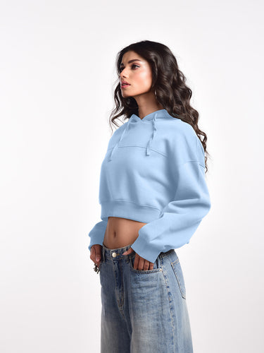 Femmora 100% Cotton Fleece Long Sleeve Solid Crop  Length Hoodie Sweatshirt for Women | Casual Loose Fit Knitted Pullover | Dropped Shoulder – Winter Wear – Pastel Blue ( Pack of 1) Hover
