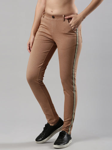 Women's Side Tape Jeggings, Poly Cotton with Elastic Waistband Brown Hover