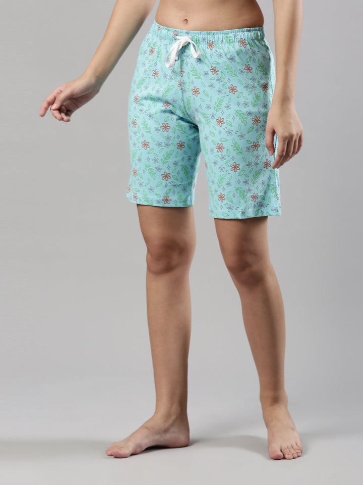 Women's Relax Fit Bermuda | Breathable Cotton, Elastic Waistband, Floral Prints Sky