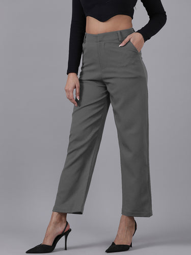 Femmora Women’s High-Rise Straight Fit Trousers with 2 Side Pockets | Stretch Formal Bottoms in Polyester Blend | Lightweight Workwear Pants |Dark Grey|Pack of 1 Hover