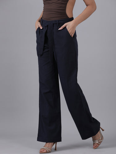 Femmora Women’s High-Waist Cotton Linen Straight Fit Trousers with Elastic Waistband & Button Closure | Formal Office Wear Pants with 2 Slant Pockets | Breathable Workwear Bottoms |Navy| Pack of 1 Hover
