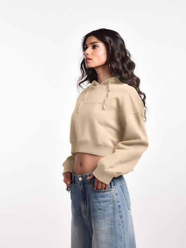 Femmora 100% Cotton Fleece Long Sleeve Solid Crop  Length Hoodie Sweatshirt for Women | Casual Loose Fit Knitted Pullover | Dropped Shoulder – Winter Wear – Beige ( Pack of 1) Hover