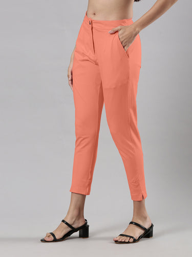 Women's Smart Pants, Cotton Fabric with Zip Button Closure and Pockets Peach Hover