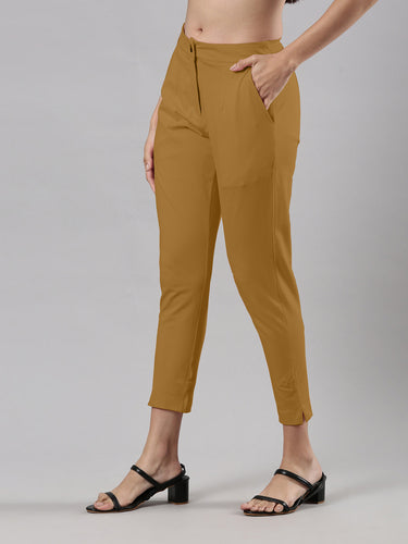 Women's Smart Pants, Cotton Fabric with Zip Button Closure and Pockets Mustard Hover