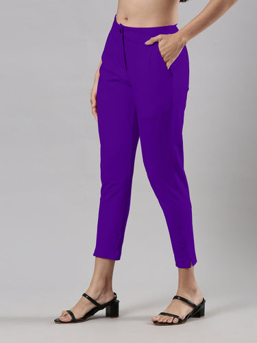 Women's Smart Pants, Cotton Fabric with Zip Button Closure and Pockets Indigo Hover