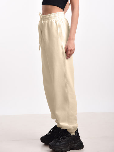 Femmora Premium 100% Cotton Winter Jogger for Women | Soft Knitted Fabric | High-Rise Waist, Relaxed Fit, Drawstring Closure & 2 Side Pockets | Cozy & Breathable Lounge Joggers – Beige (Pack of 1) Hover