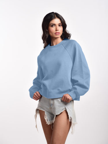 Femmora Premium 100% Cotton Loose Fit Raglan Sleeve Causal Pullover for Women | Knitted Fabric | Solid Sweatshirt | Cozy Winter Wear – Pastel Blue (Pack of 1) Hover