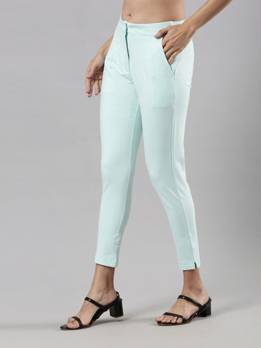 Women's Smart Pants, Cotton Fabric with Zip Button Closure and Pockets Aqua Hover