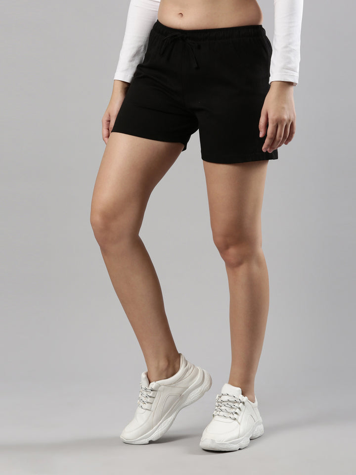 Relax fit Shorts with solid Print, Soft and breathable Cotton fabric with Drawstring Waistband Closure and one zipped pocket, For Women, Black