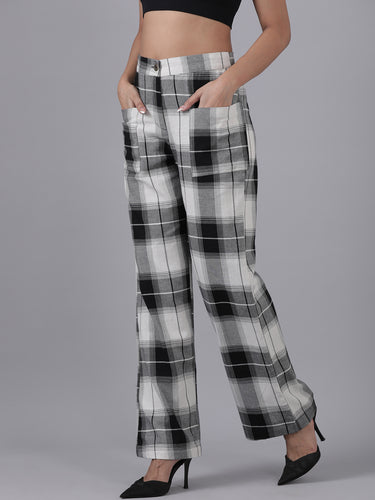 Femmora Women’s High-Rise Straight Fit Cotton Trousers with Checked Pattern,with 2 Front Pockets | 100% Cotton Fabric | Black/White | Pack of 1 Hover