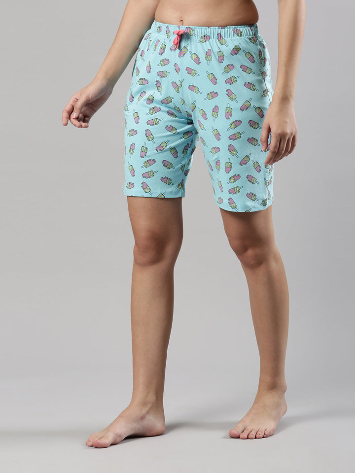 Women's Relax Fit Bermuda | Breathable Cotton, Drawstring Waistband, Geometric Prints Sky