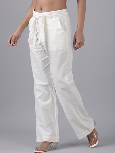 Femmora Women’s High-Waist Cotton Linen Straight Fit Trousers with Elastic Waistband & Button Closure | Formal Office Wear Pants with 2 Slant Pockets | Breathable Workwear Bottoms |White| Pack of 1 Hover