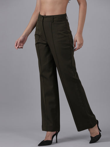 Femmora Women’s High-Rise Straight Fit Trousers with Front Pintuck Detail,Lightweight Workwear Bottoms | Olive|Pack of 1 Hover