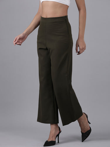 Femmora Women’s High-Rise Flare Trousers with Invisible Belt & Side Zipper | Stretch Formal Bottoms in Polyester Blend | Lightweight Workwear Pants |Olive |Pack of 1 Hover