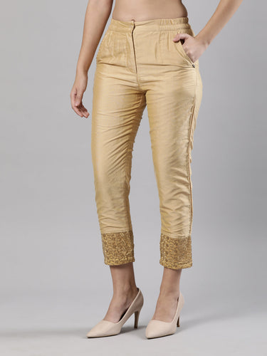 Women's Fancy Hem Pants, Silk Cotton Fabric with Zip Button Closure Hover