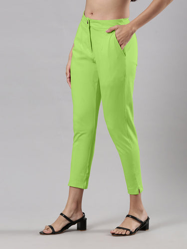 Women's Smart Pants, Cotton Fabric with Zip Button Closure and Pockets Fast Green Hover