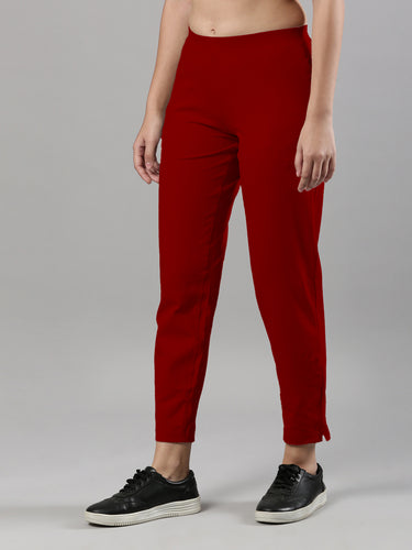 Women's Trouleg, Cotton Fabric with Elastic Waistband and Zip Pockets Maroon Hover