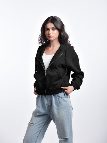 Femmora Premium 100% Cotton Fleece Long Sleeve Oversized Zipped Hoodie for Women | Loose Fit| Knitted fabric | Kangaroo Pocket and Dropped Shoulder – Black (Pack of 1) Hover