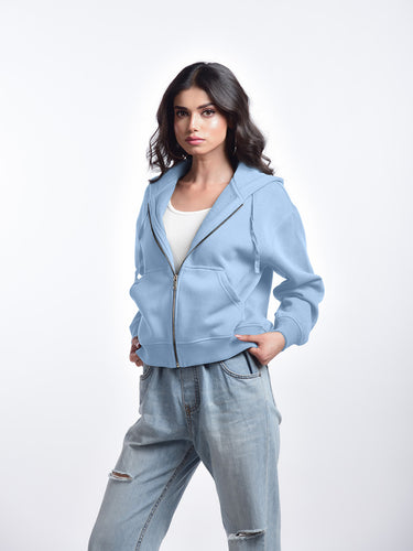 Femmora Premium 100% Cotton Fleece Long Sleeve Oversized Zipped Hoodie for Women | Loose Fit| Knitted fabric | Kangaroo Pocket and Dropped Shoulder – Pastel Blue (Pack of 1) Hover