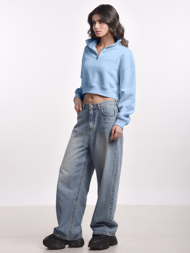 Femmora Premium 100% Cotton Fleece Long Sleeve Solid Henley Crop Length Sweatshirt for Women | Knitted Pullover | Loose Fit | Front Zip | Dropped Shoulder – Casual Winter Wear – Pastel Blue (Pack of 1) Hover