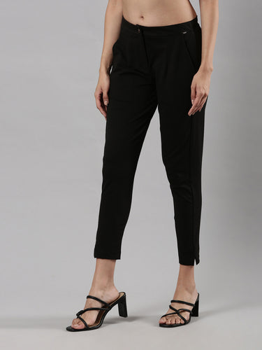 Women's Smart Pants, Cotton Fabric with Zip Button Closure and Pockets Jet black Hover