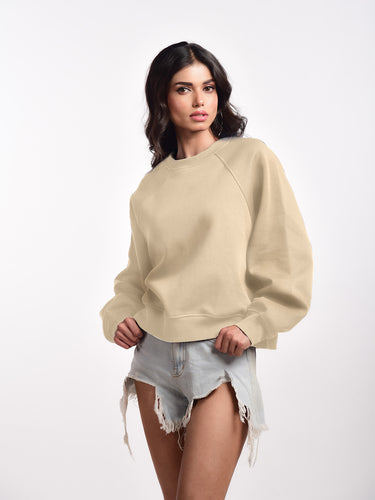 Femmora Premium 100% Cotton Loose Fit Raglan Sleeve Causal Pullover for Women | Knitted Fabric | Solid Sweatshirt | Cozy Winter Wear – Beige (Pack of 1) Hover