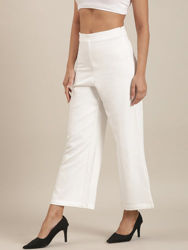 Femmora Women’s High-Rise Flare Trousers with Invisible Belt & Side Zipper | Stretch Formal Bottoms in Polyester Blend | Lightweight Workwear Pants | White |Pack of 1 Hover