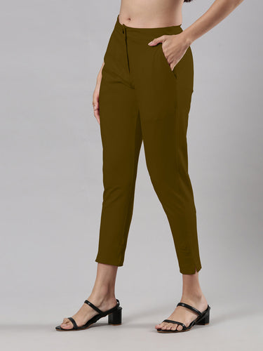 Women's Smart Pants, Cotton Fabric with Zip Button Closure and Pockets Mud Hover