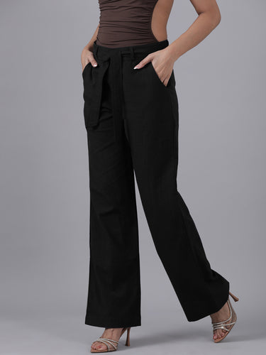 Femmora Women’s High-Waist Cotton Linen Straight Fit Trousers with Elastic Waistband & Button Closure | Formal Office Wear Pants with 2 Slant Pockets | Breathable Workwear Bottoms | Black | Pack of 1 Hover