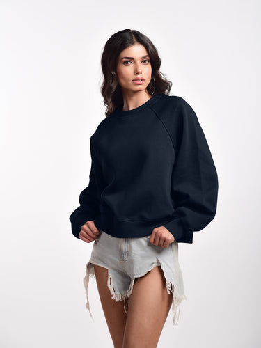 Femmora Premium 100% Cotton Loose Fit Raglan Sleeve Causal Pullover for Women | Knitted Fabric | Solid Sweatshirt | Cozy Winter Wear – Navy (Pack of 1) Hover