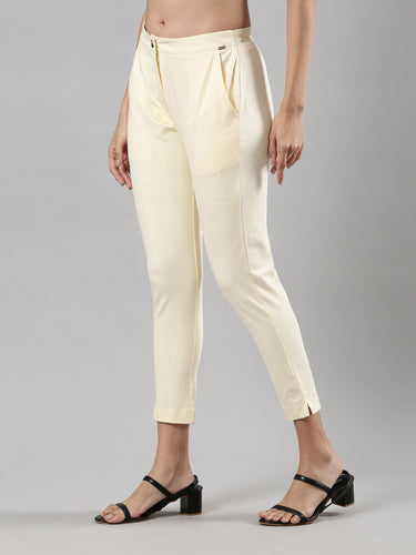 Women's Smart Pants, Cotton Fabric with Zip Button Closure and Pockets Cream Hover