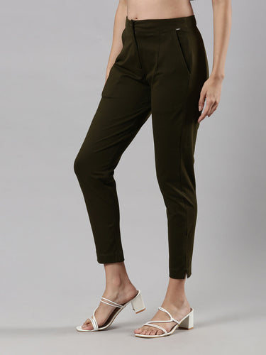 Women's Smart Pants, Cotton Fabric with Zip Button Closure and Pockets Pine Green Hover