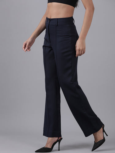 Femmora Women’s High-Rise Straight Fit Trousers with Front Pintuck Detail,Lightweight Workwear Bottoms | Navy|Pack of 1 Hover