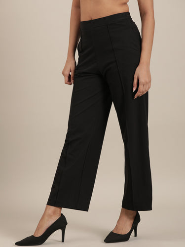 Femmora Women’s High-Rise Relaxed Fit knitted Pants with Pintuck Detail | Full-Length Cotton  Straight Trousers | Solid Stretchable Office & Casual Bottoms | Soft Breathable Fabric | Black |Pack of 1 Hover