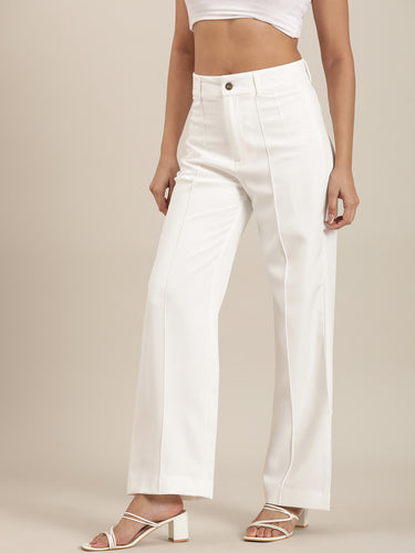 Femmora Women’s High-Rise Straight Fit Trousers with Front Pintuck Detail,Lightweight Workwear Bottoms | White|Pack of 1 Hover