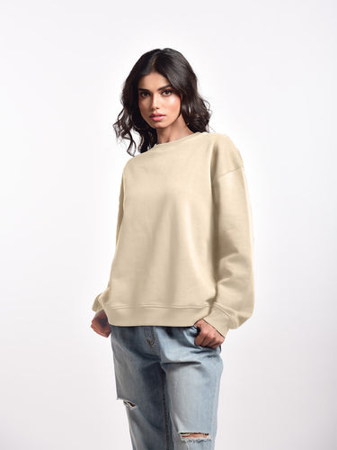 Femmora Premium 100% Cotton Fleece Loose Fit Long Sleeve Solid Sweatshirt for Women |Knitted Fabric | Dropped Shoulder, Casual Pullover | Cozy Winter Wear – Beige (Pack of 1) Hover