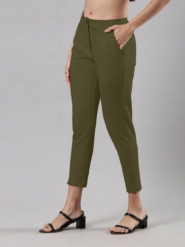 Women's Smart Pants, Cotton Fabric with Zip Button Closure and Pockets Olive Hover